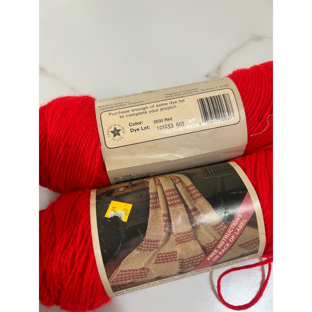 Caron‎ 100% DuPont Acrylic Yarn 0030 Red Dye Lot 101253 2 Skeins 3oz Each USA